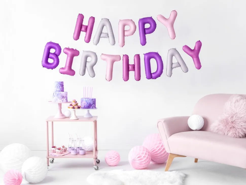 Folieballong Banner, Happy Birthday, Rosatoner