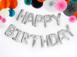 Folieballong Banner, Happy Birthday, Sølv