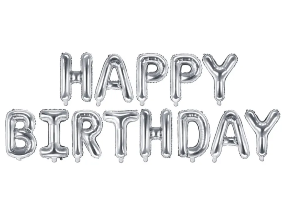 Folieballong Banner, Happy Birthday, Sølv