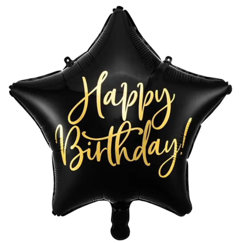 Folieballong Standard, Stjerne Sort Happy Birthday