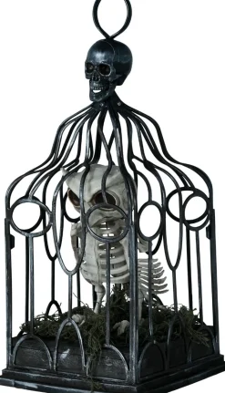 Halloween ugle-skjelett i bur med lys, lyd og bevegelse 33 cm