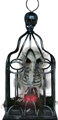 Halloween ugle-skjelett i bur med lys, lyd og bevegelse 33 cm