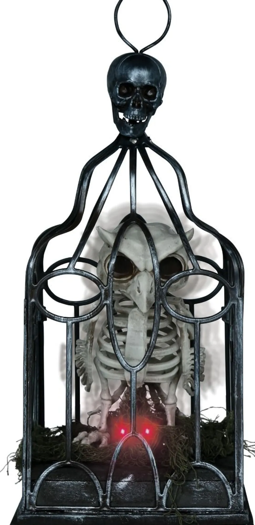 Halloween ugle-skjelett i bur med lys, lyd og bevegelse 33 cm