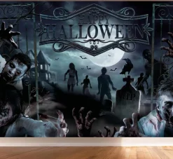 Happy Halloween Zombie Kirkegård Backdrop i stoff, 220 x 150 cm