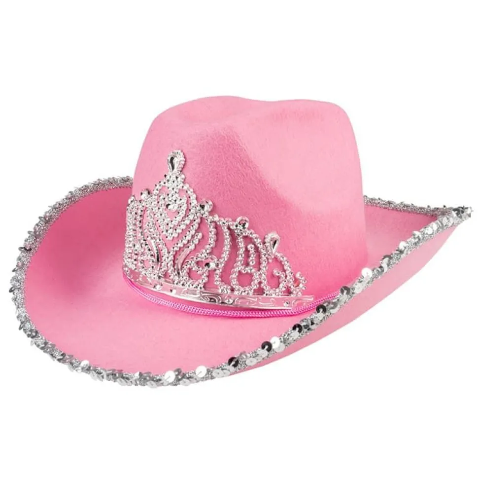 Rosa Cowboyhatt med tiara og paljetter